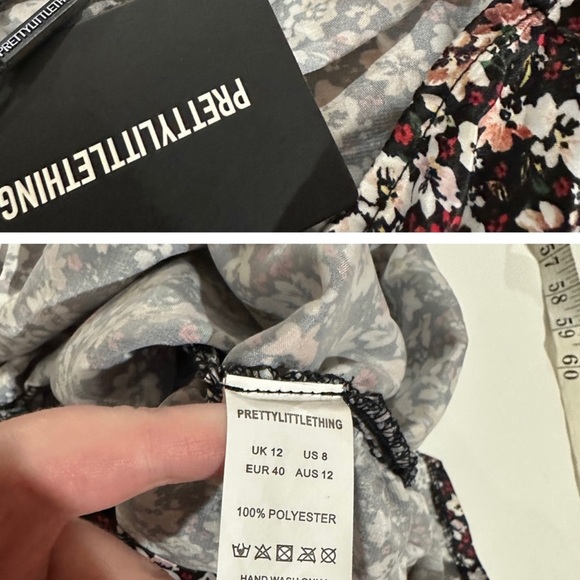 PrettyLittleThing Black Ditsy Floral Print Satin Long Sleeve Ruched Dress Sz 8 - Picture 3 of 4